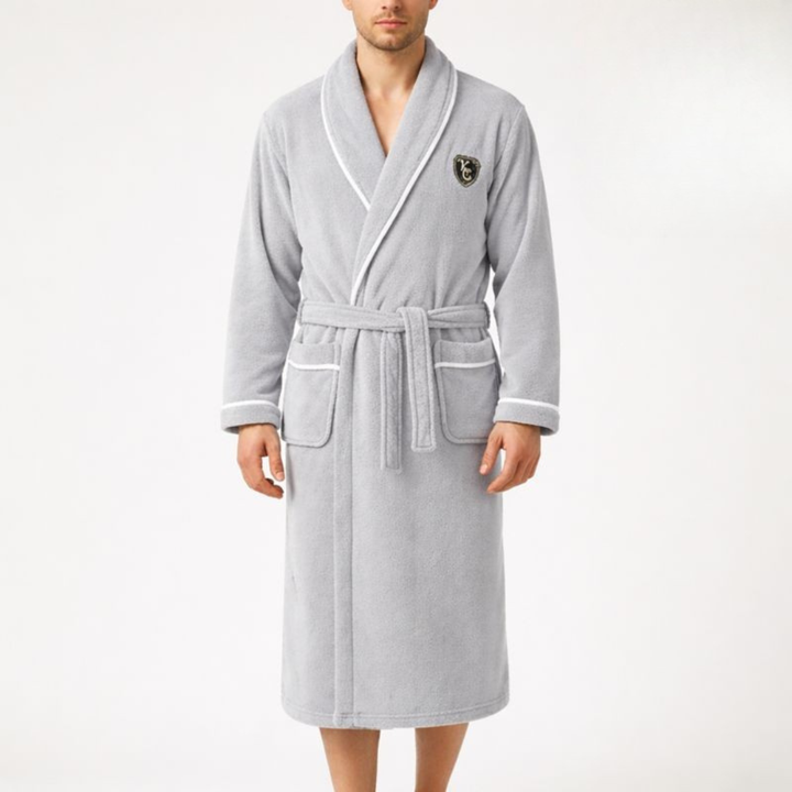 Man wearing a long gray shawl collar bathrobe with white trim details