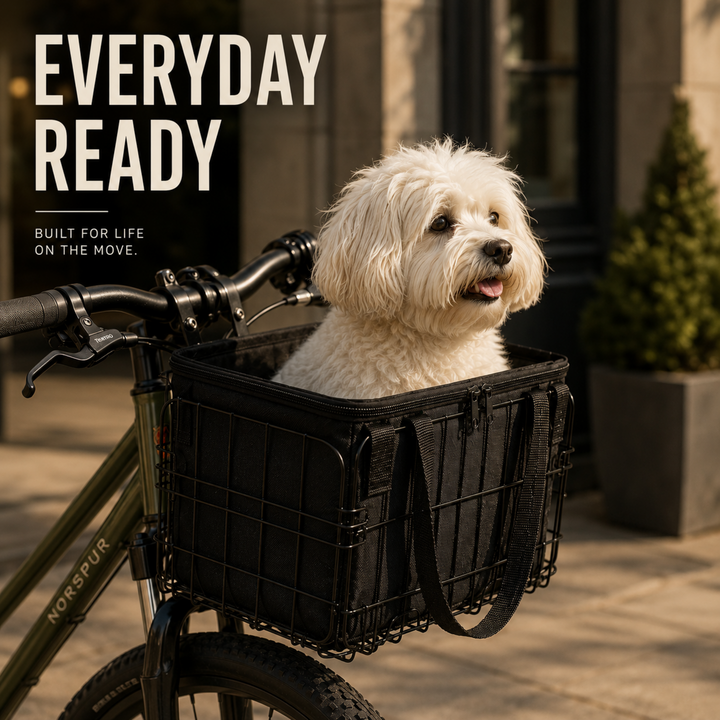 Small dog resting inside a front bicycle basket with a black liner bag attached