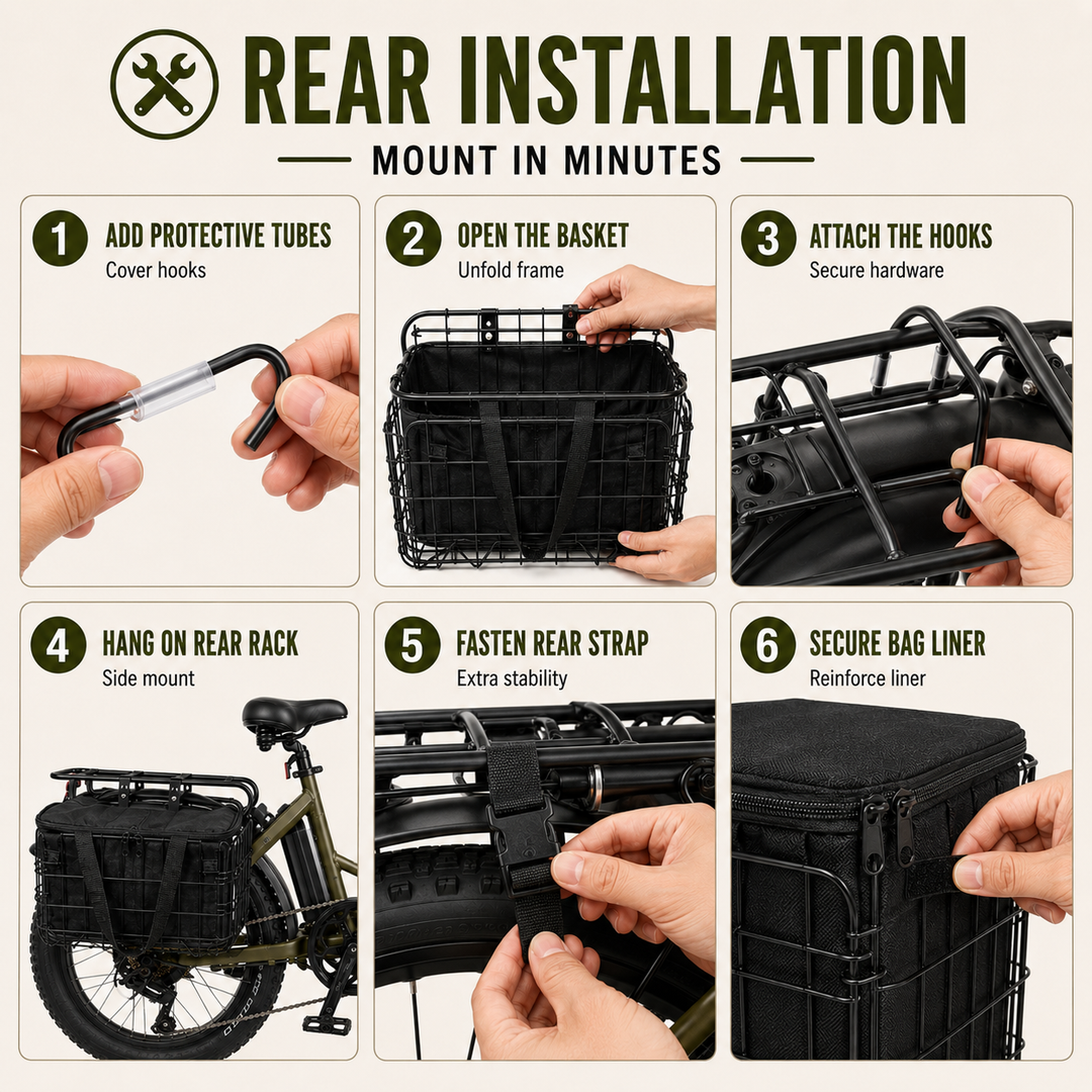 Rear bike basket installed on luggage rack of commuter bicycle