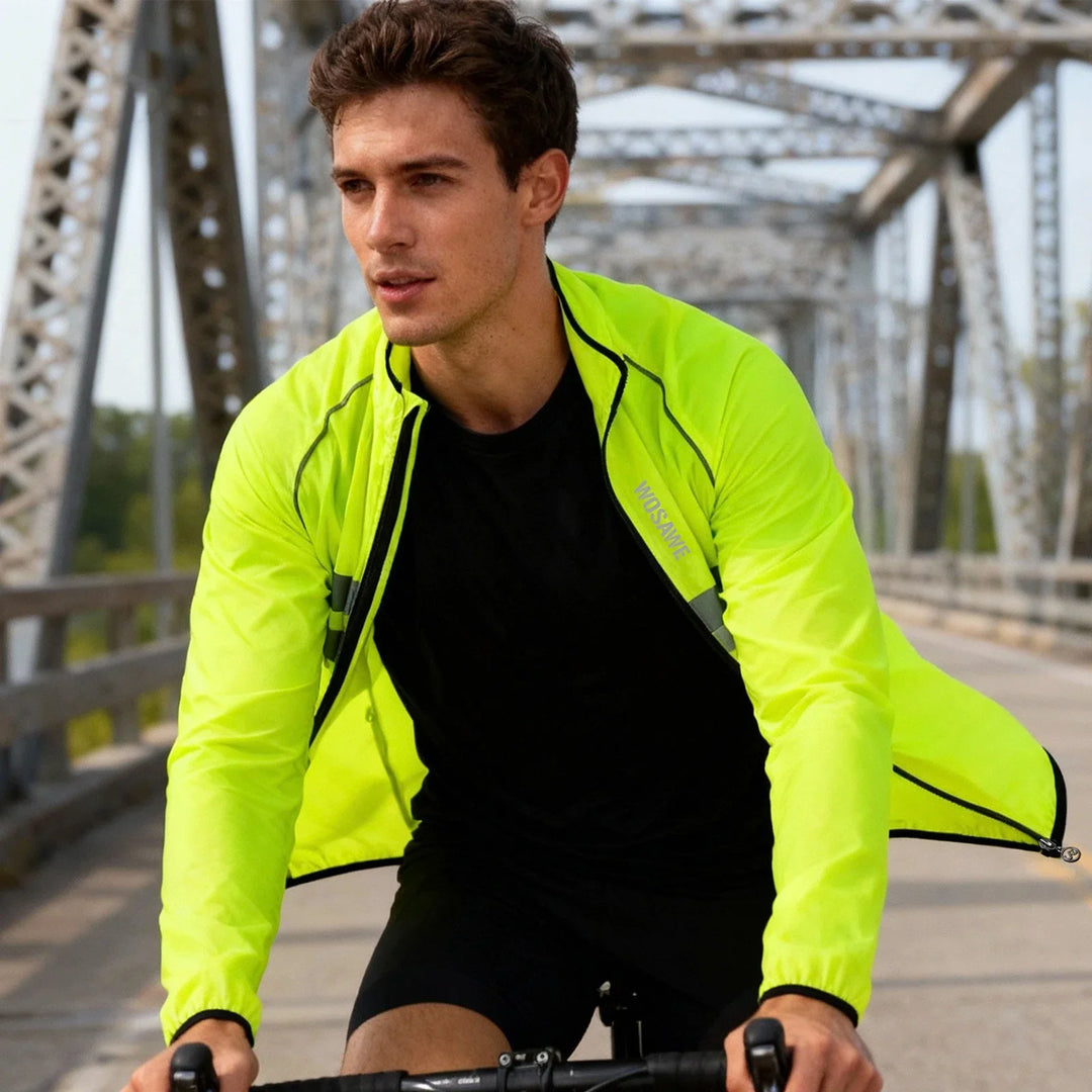 Folded mens cycling apparel lightweight windbreaker ready for travel