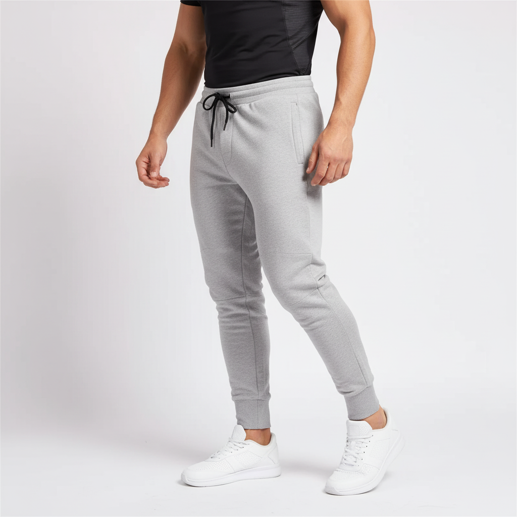 Complete view of mens slim tapered workout pants in neutral tone
