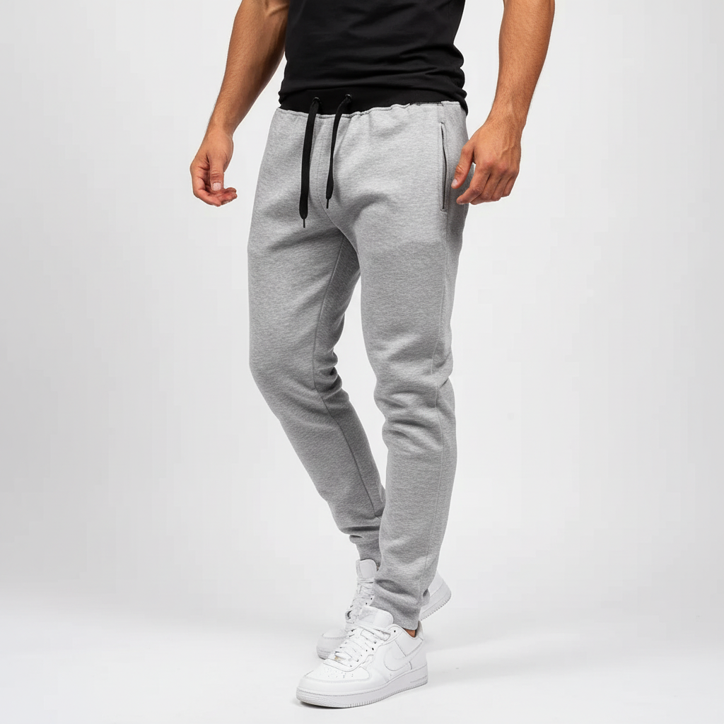 Close-up view of light grey athletic joggers with drawstring waist and pockets