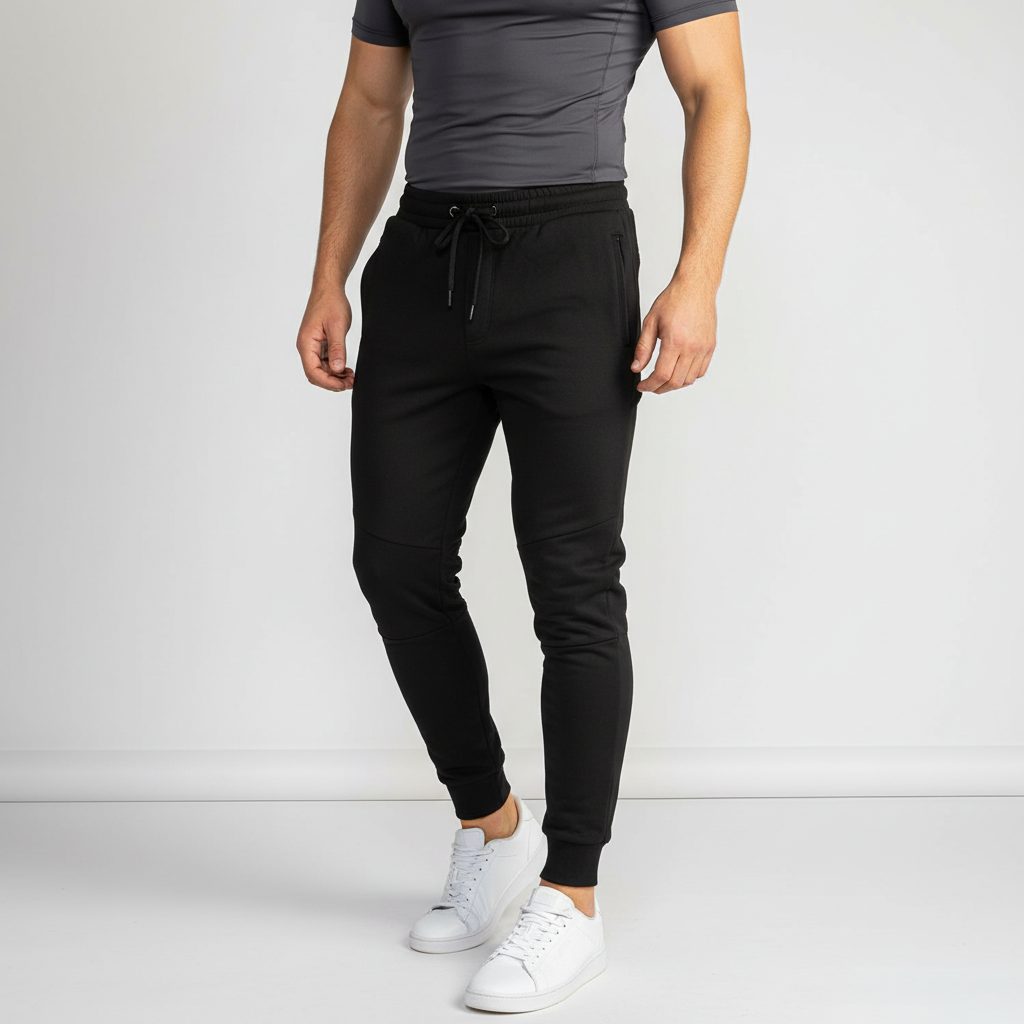Man wearing black slim tapered workout jogger pants with sneakers