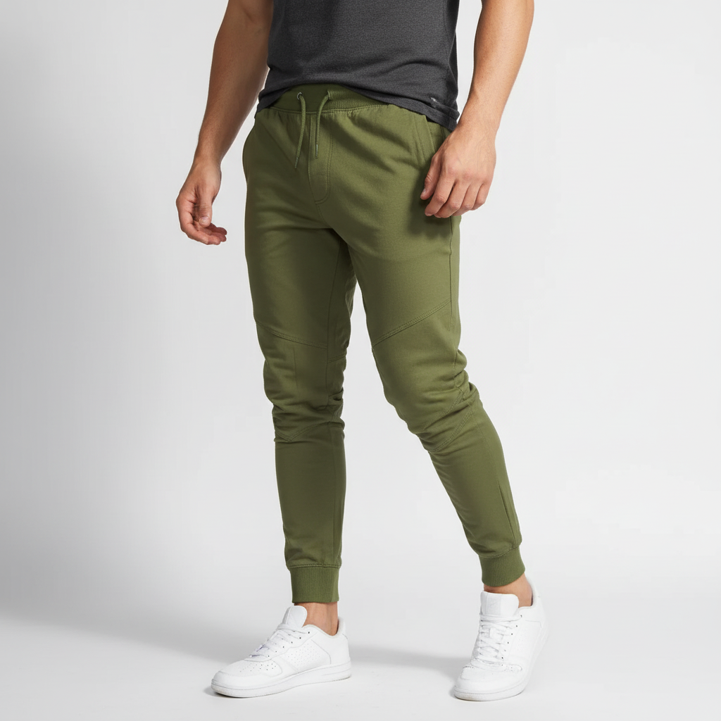 Workout trousers showing elastic waistband and adjustable drawstring