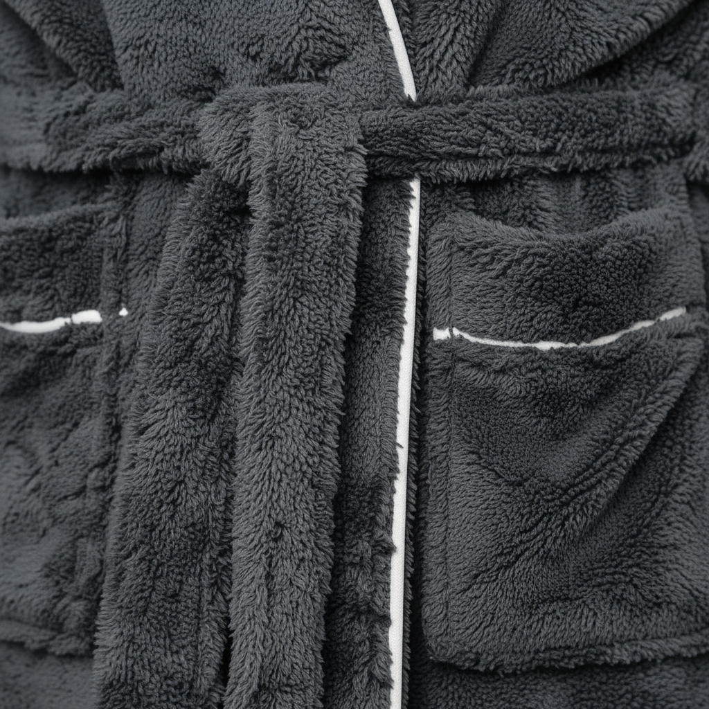 Detailed view of mens bathrobe fabric and hood in luxury loungewear