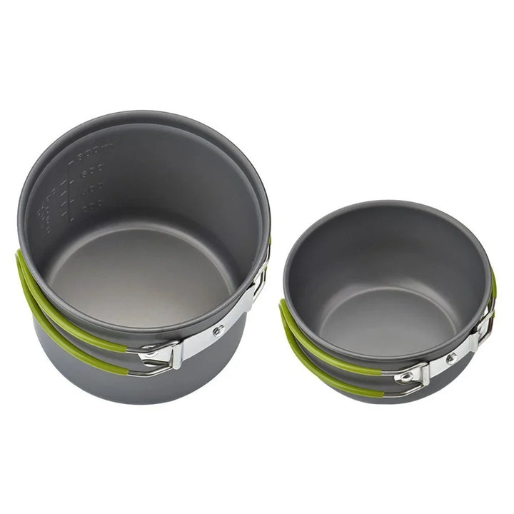 Multi-piece travel cooking set designed for outdoor adventures and trail meals