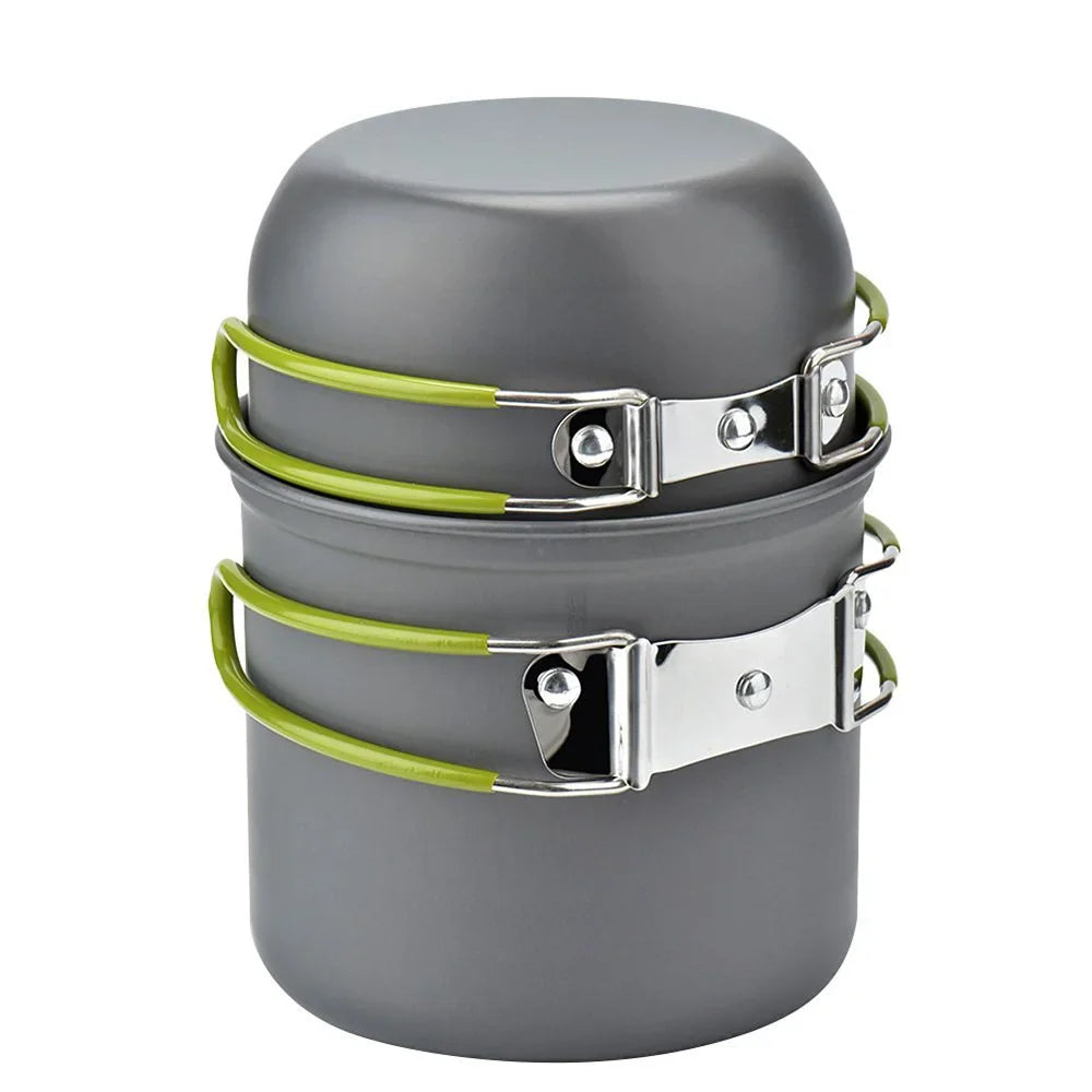 Top view of stackable camping cookware ready for wilderness hiking and travel