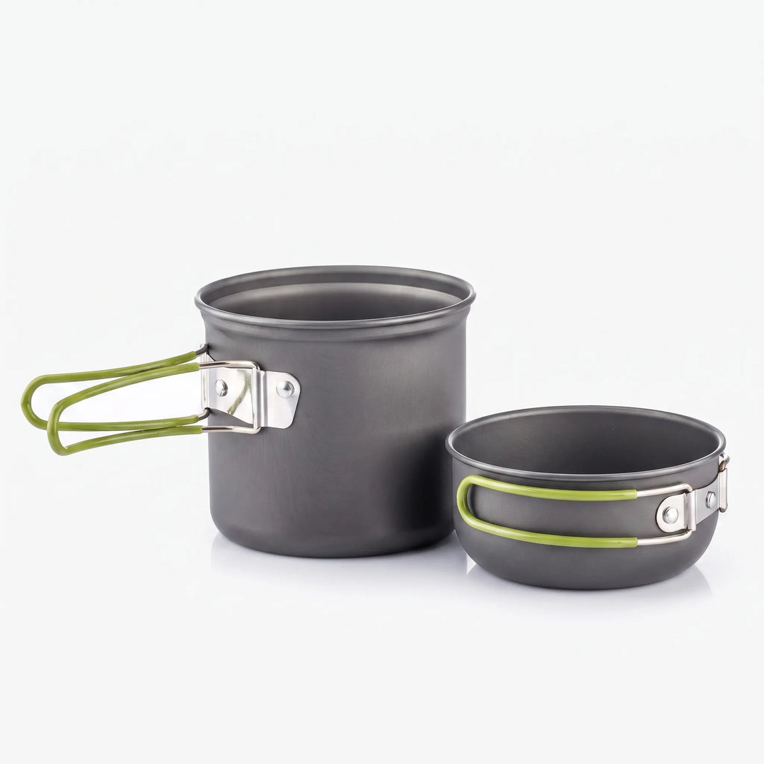 Videnta camping cookware set with main pot and lid displayed with green accents