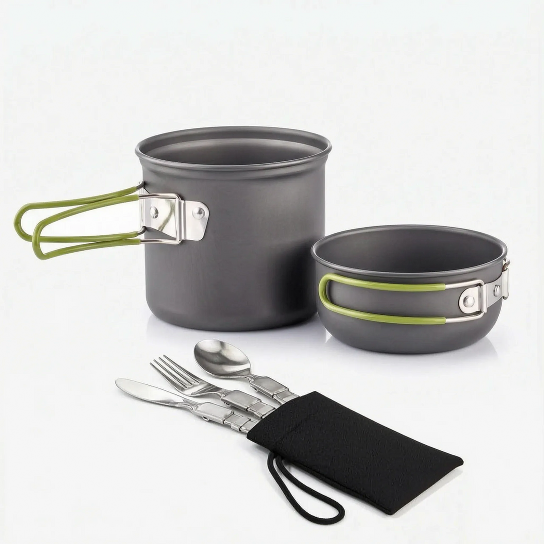 Compact outdoor camping cookware set showing nested pots and pans for backpacking gear