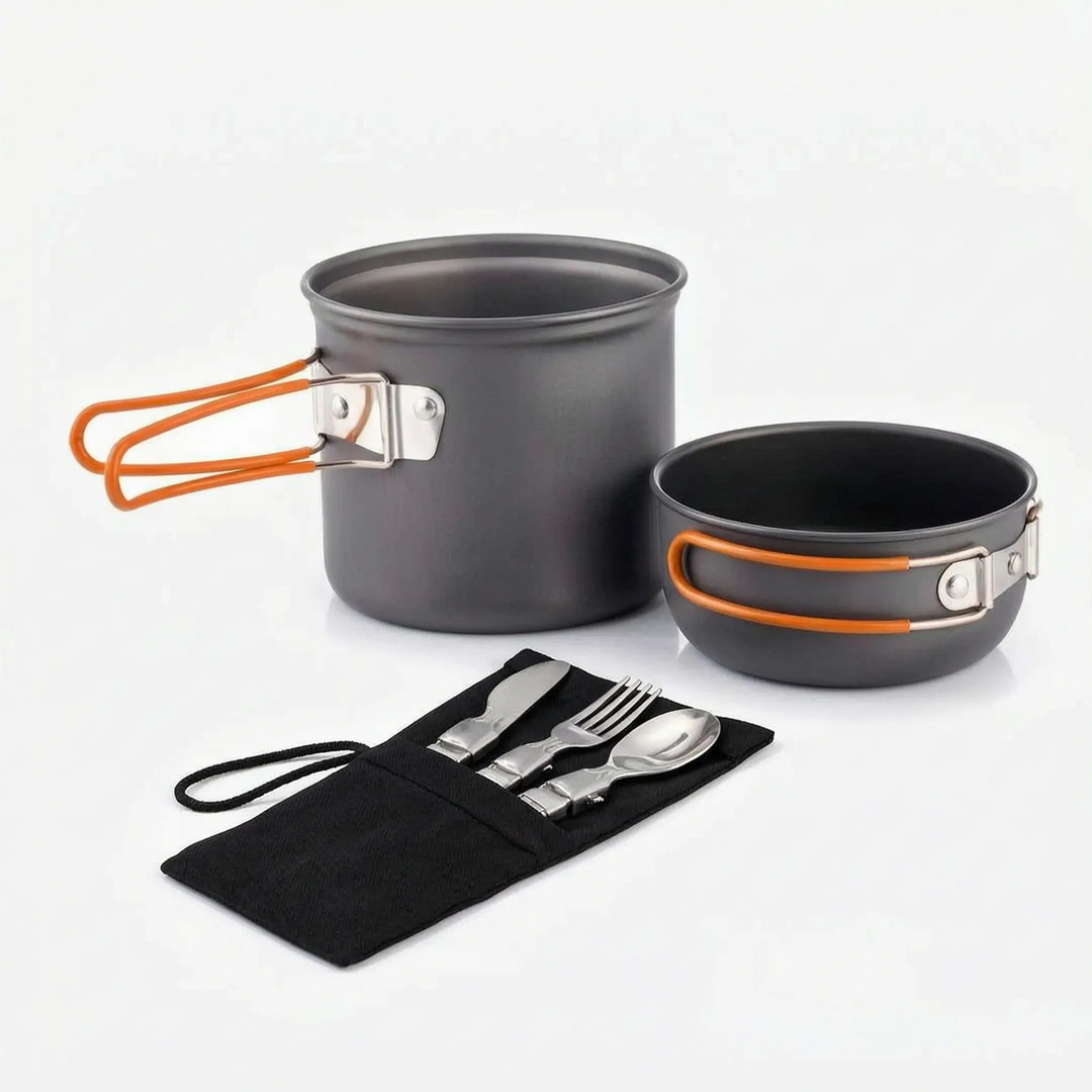 Camp stove pots with heat-resistant folding handles for easy hiking equipment storage