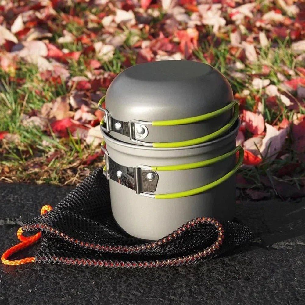 Lightweight nested cookware pieces stacked together for efficient backpack space