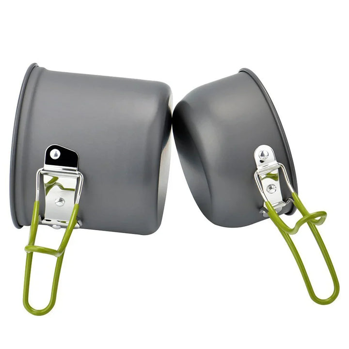 Complete outdoor dining set including pots and pans for camping and hiking trips