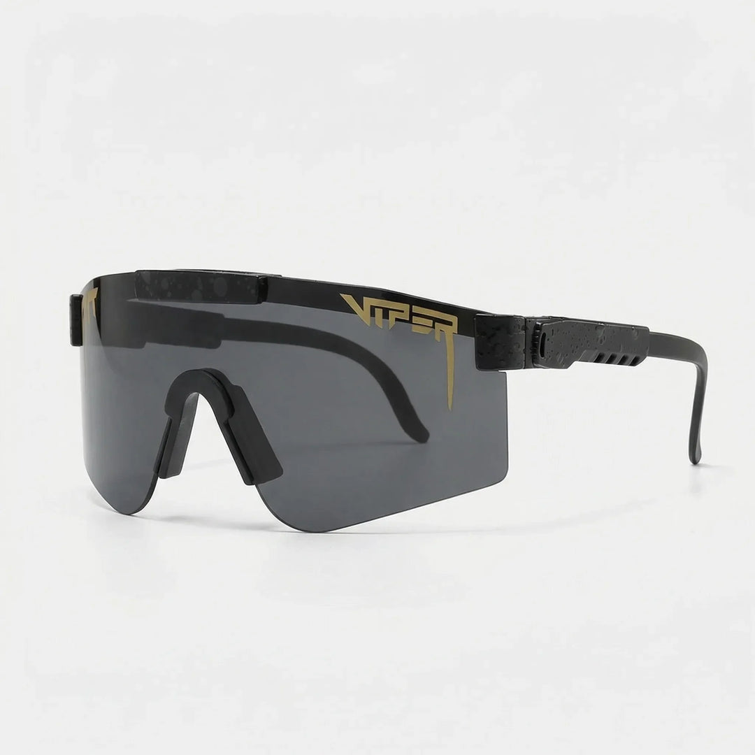 Black framed sport shield sunglasses with dark tinted lenses on white background
