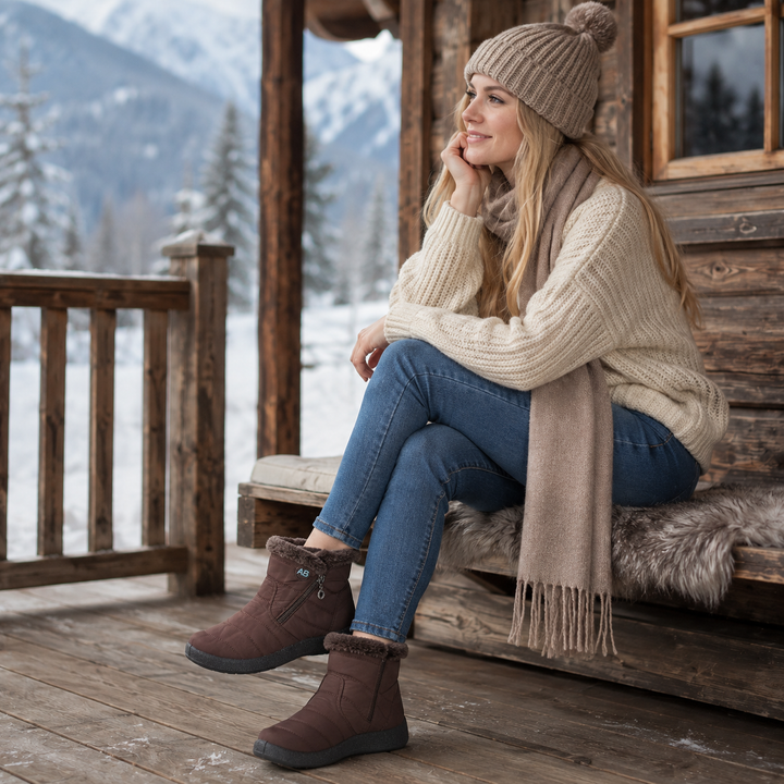 Lifestyle shot of womens winter boots worn outdoors in snowy weather