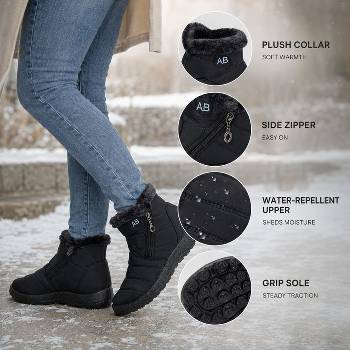 Side view of comfortable womens snow boots featuring a durable rubber sole