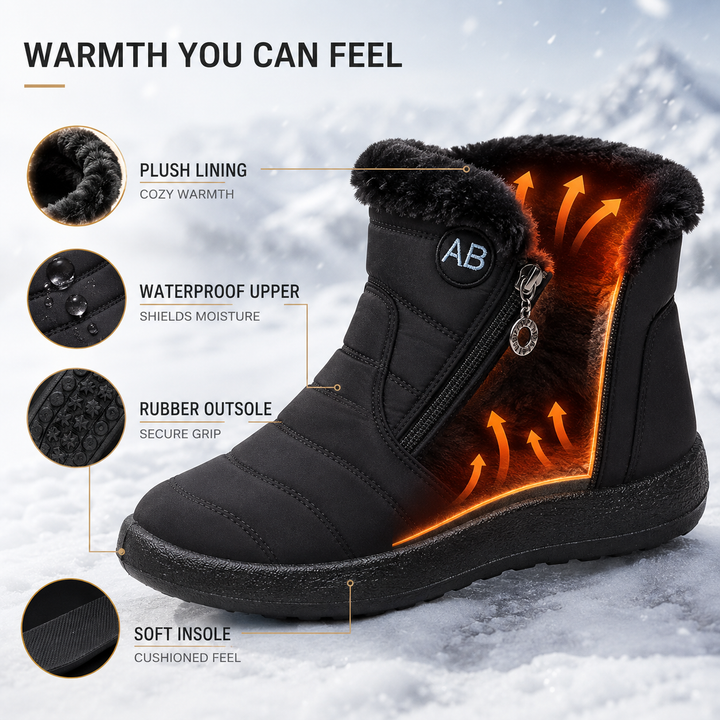 Women's cozy winter ankle boots in black suede with warm plush lining