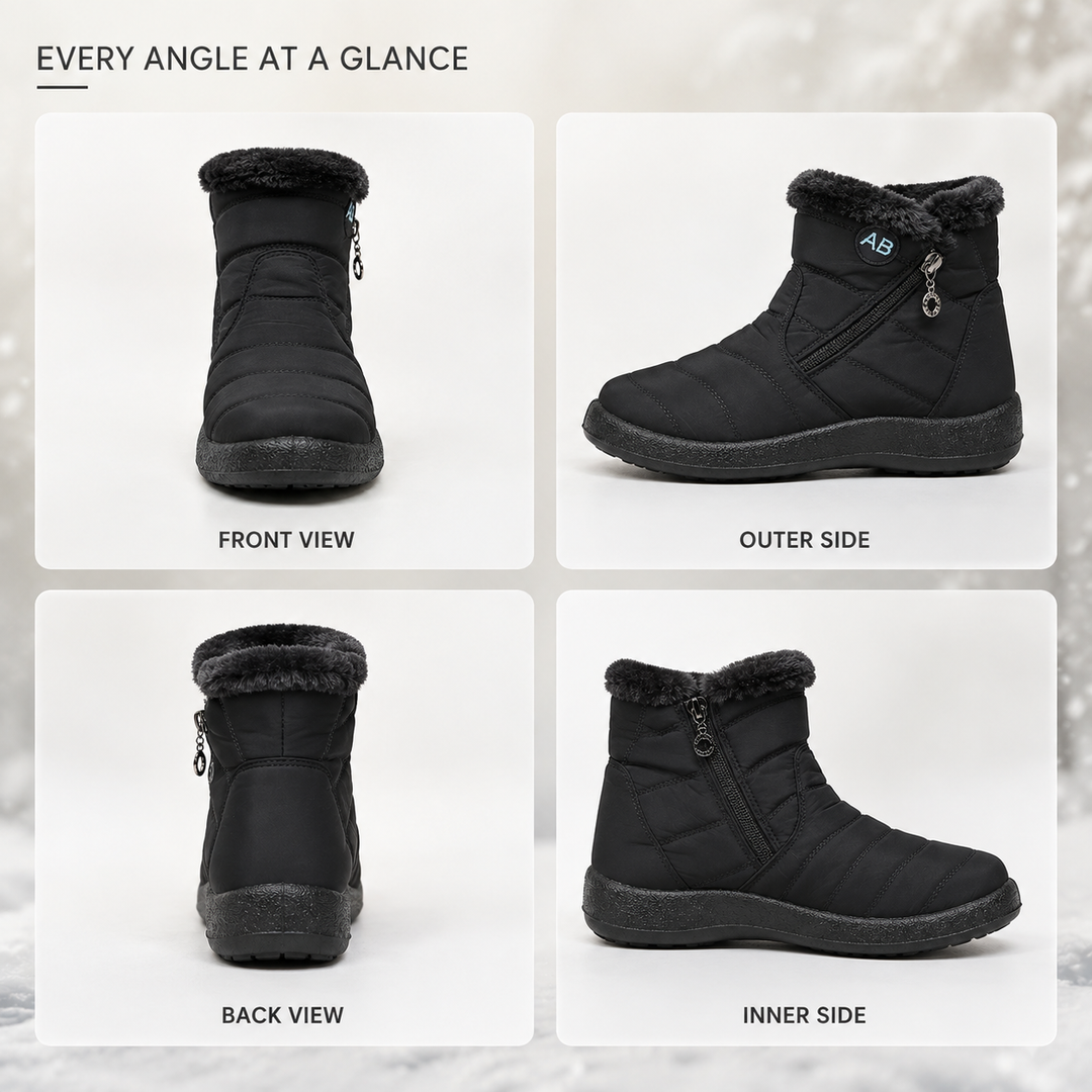 Detailed multi-angle view of black winter ankle boots showing front, back, and side profiles