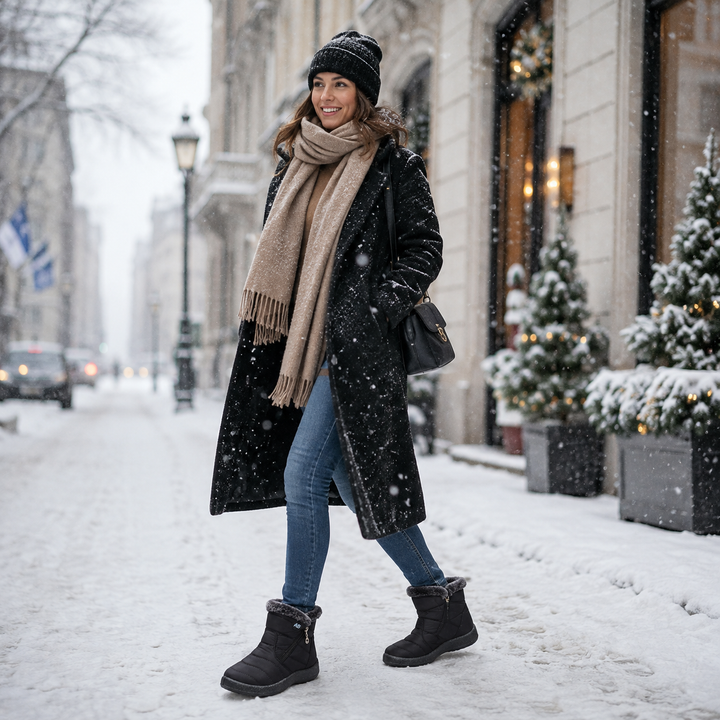 Top down perspective of cozy womens snow boots with fluffy trim
