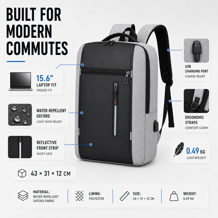 Infographic showing dimensions and features of the waterproof business backpack