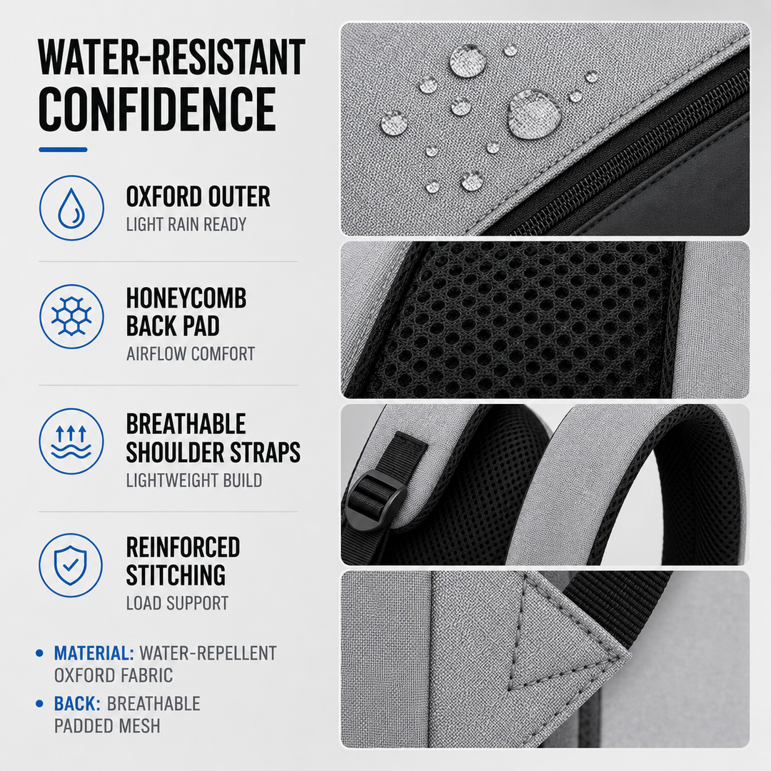 Waterproof business backpack showing durable fabric and zipper details