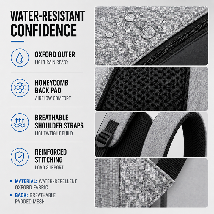 Waterproof business backpack showing durable fabric and zipper details