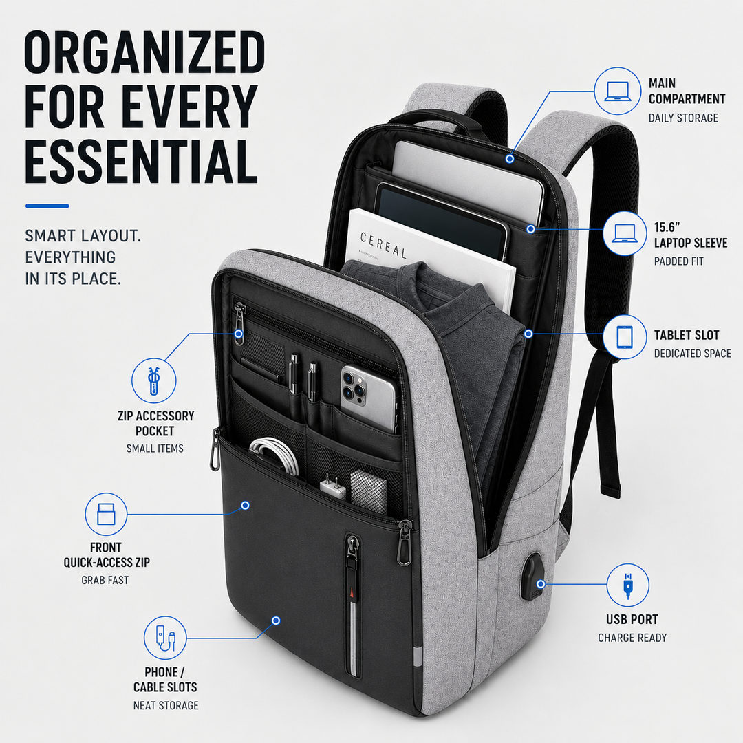 Unisex laptop backpack interior featuring padded compartment and organizers