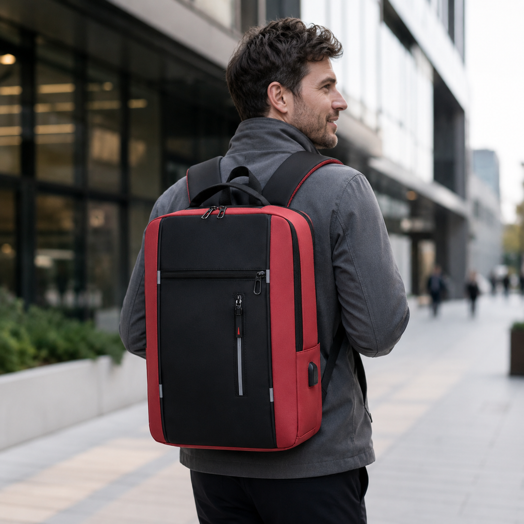 Sleek minimalist business backpack shown from a three-quarter angle