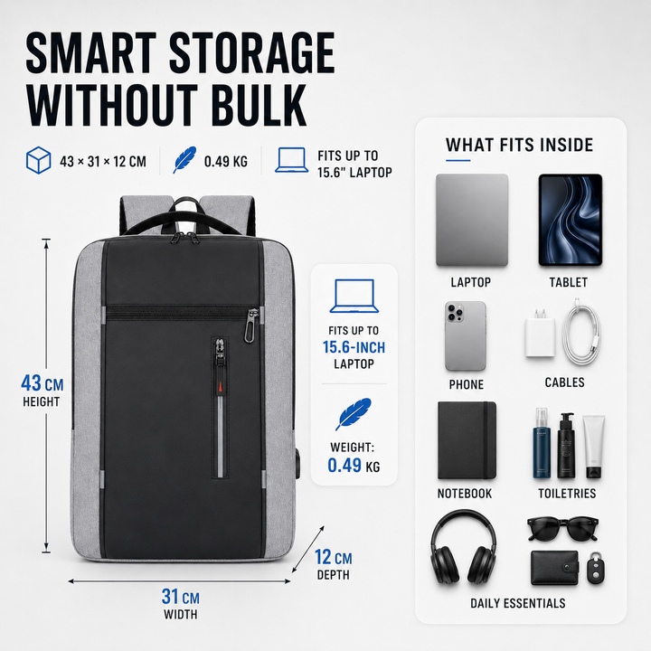 Travel bag side view highlighting water bottle pocket and compression straps