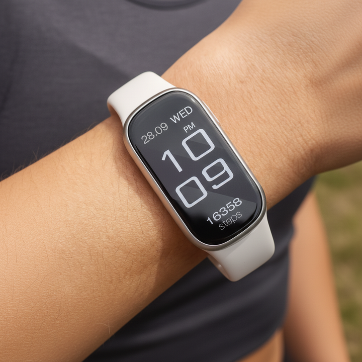 Close-up of a white sport smartwatch displaying digital time and steps on a wrist