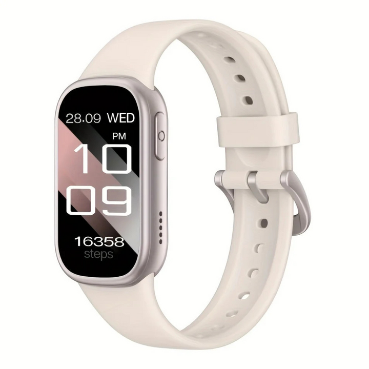 Waterproof fitness tracker showing music playback controls