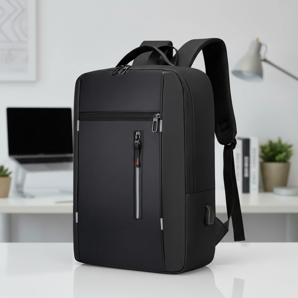 Black waterproof business laptop backpack standing on a white desk