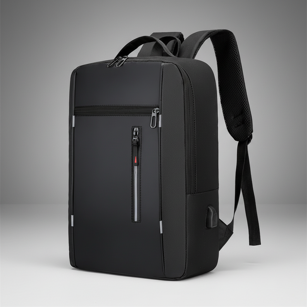 USB charging backpack showing external port and cable connection detail