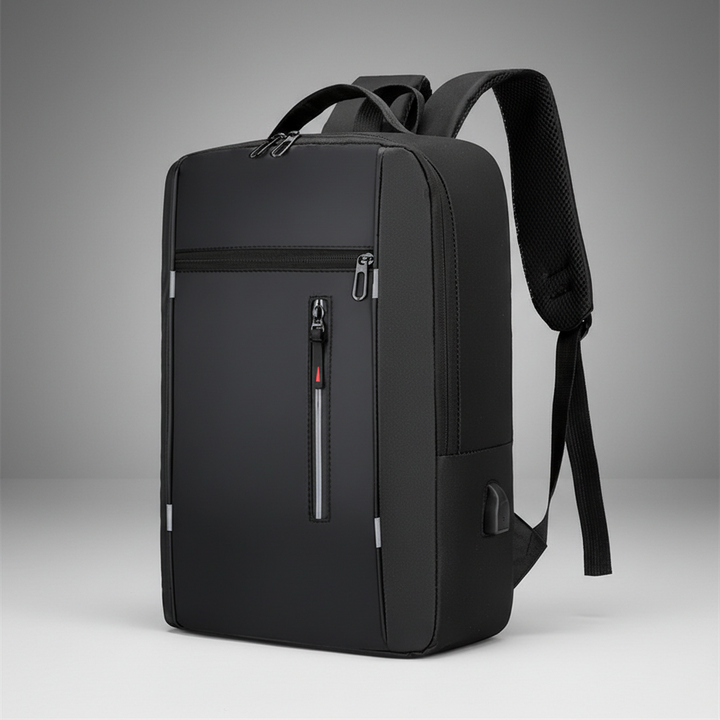 USB charging backpack showing external port and cable connection detail
