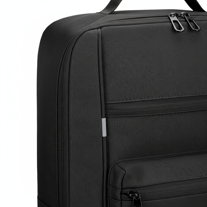Waterproof travel backpack standing upright on a clean surface