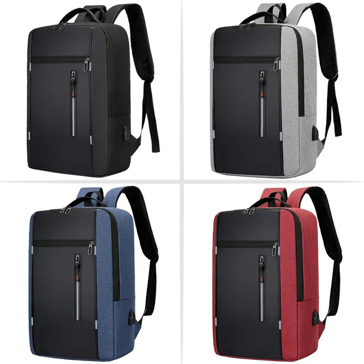 Unisex commuter backpack showing luggage strap for trolley attachment