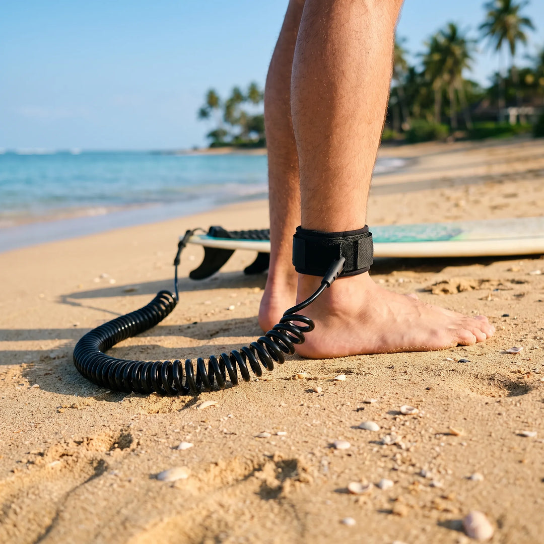 Person standing on a sandy beach wearing a coiled black paddleboard leash on their ankle