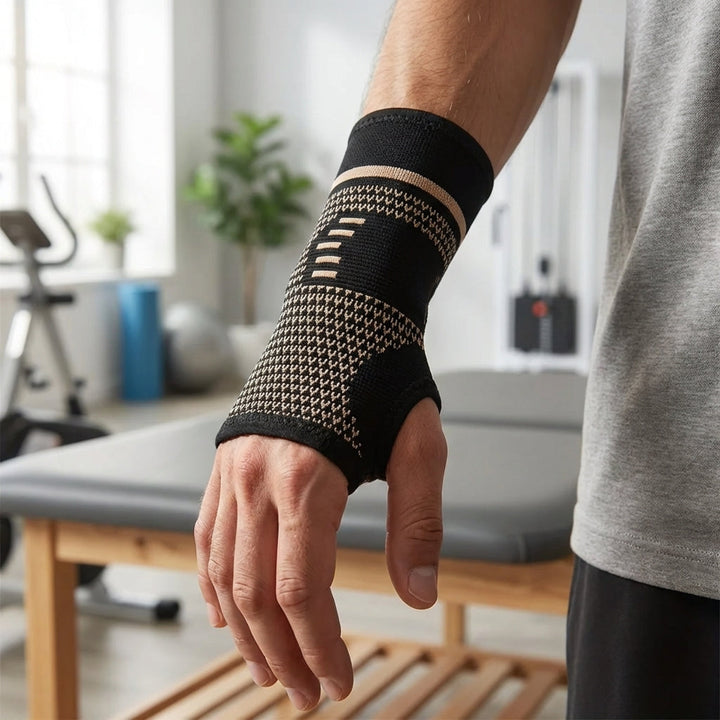 Person wearing a black and beige compression wrist sleeve in a gym setting