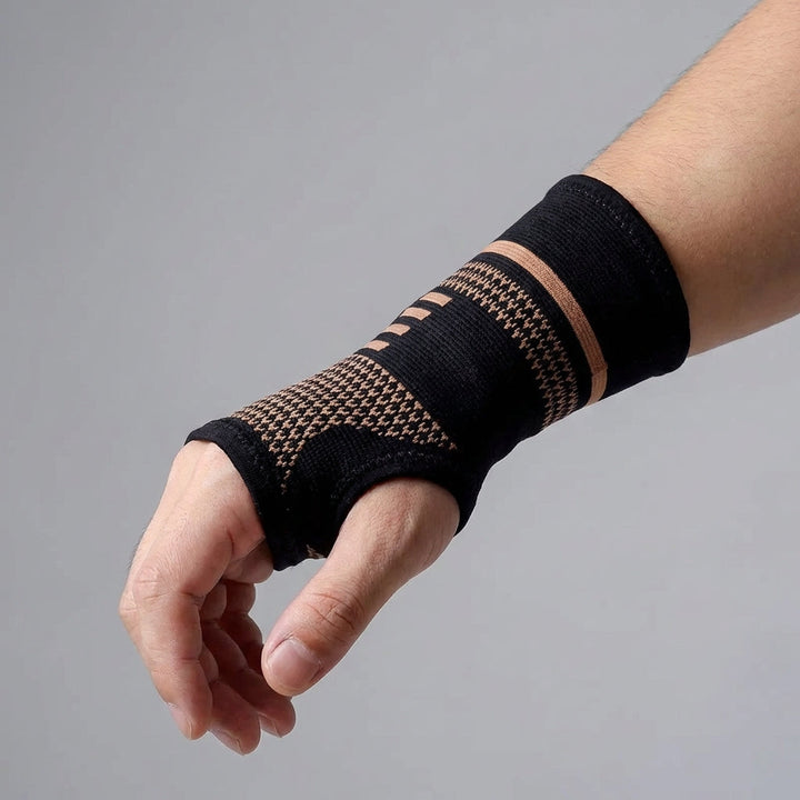 Close-up view of the compression wrist support sleeve on a wrist