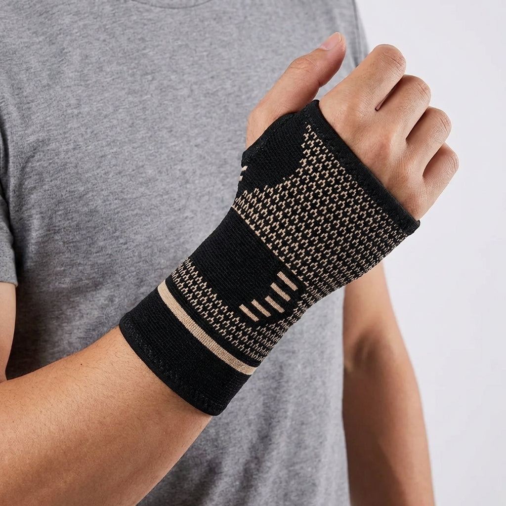 Neutral beige compression wrist support sleeve for joint stabilization during workouts and fitness training