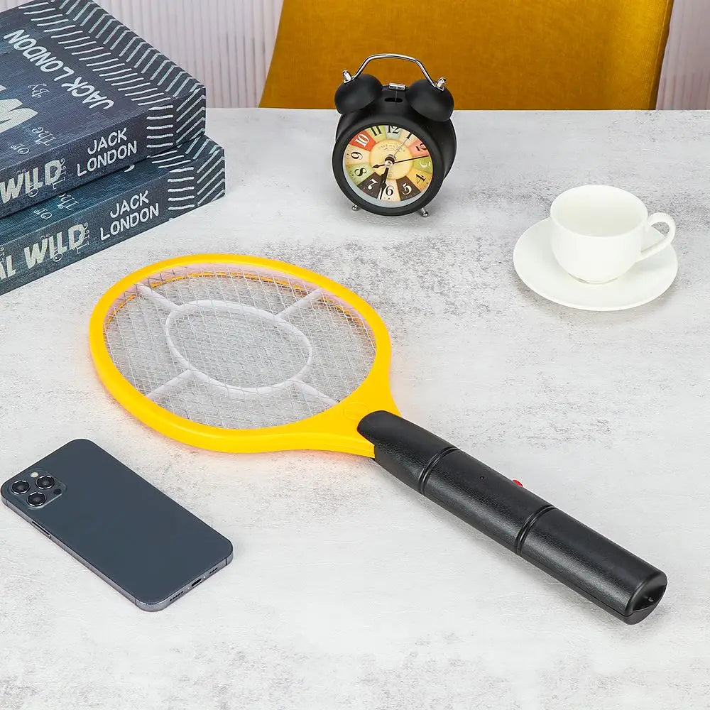 Compact electric bug zapper racket displayed ready for action