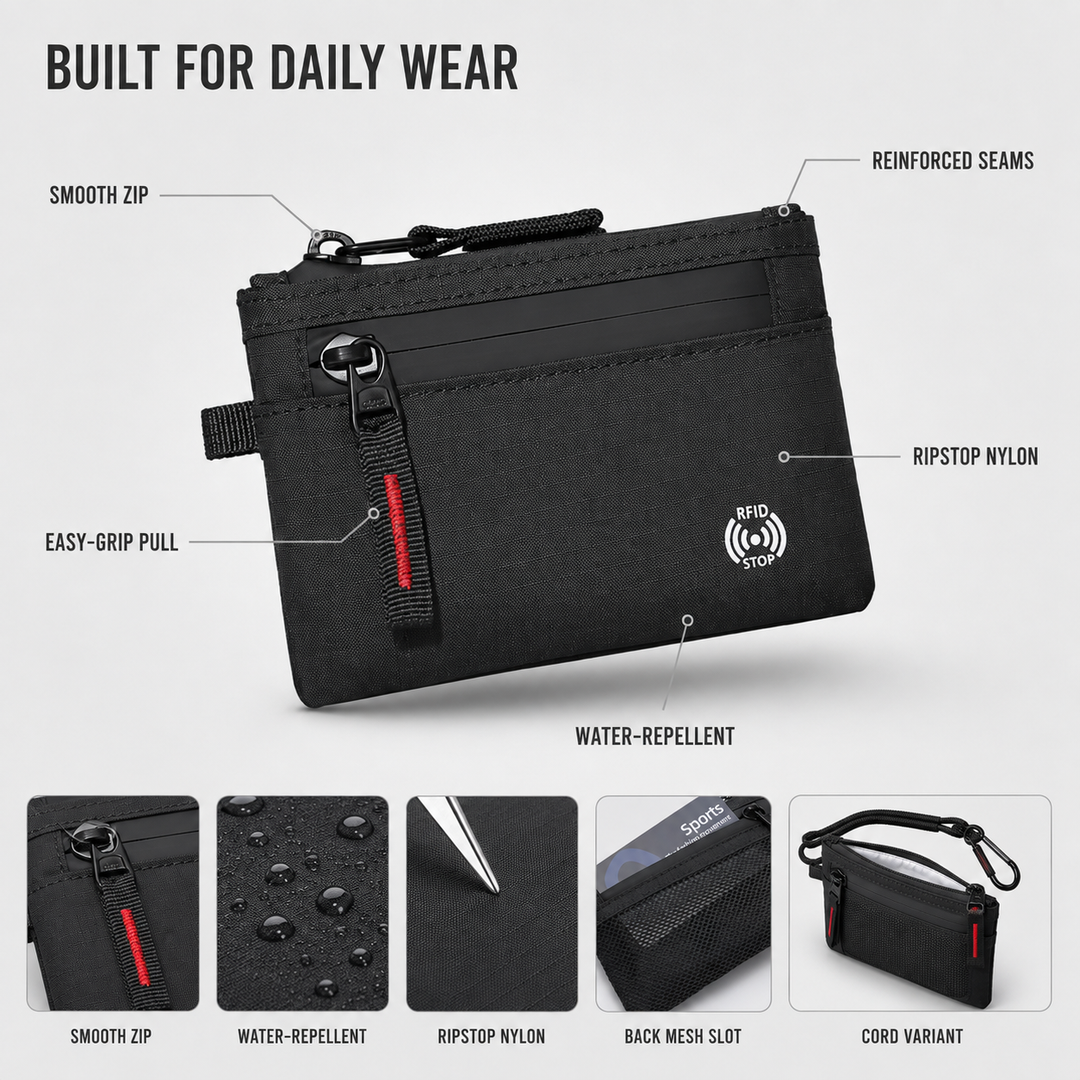 Unisex compact zippered card wallet in classic leather