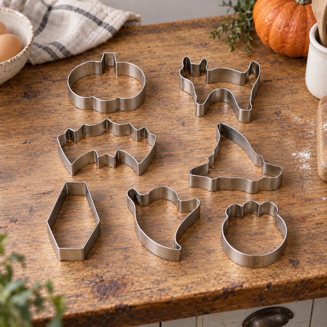 Stainless steel Halloween cookie cutters arranged on a wooden kitchen countertop with baking props