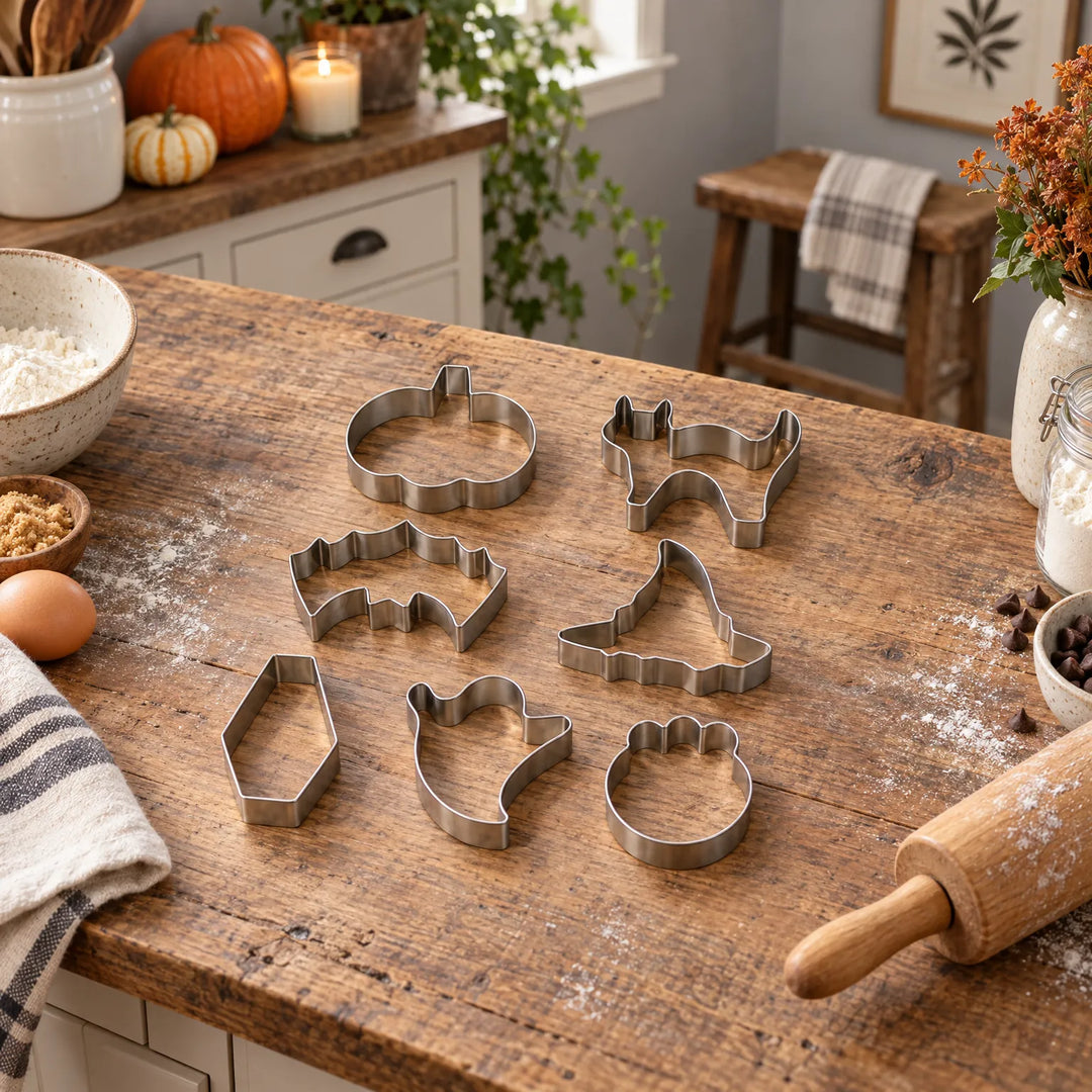 Complete set of seven metal spooky baking molds displayed neatly on a rustic wooden table