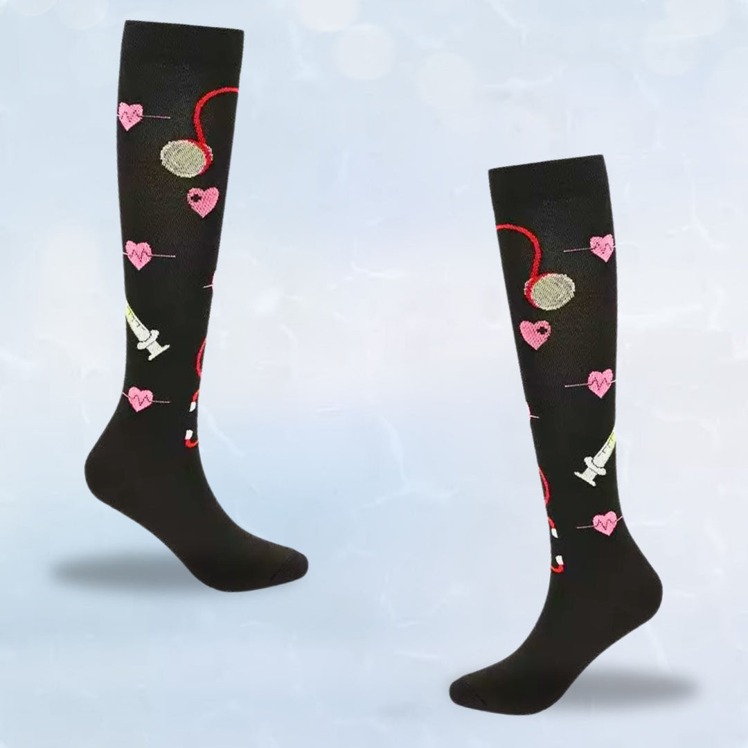 Close up shot of reinforced toe seam on patterned compression socks
