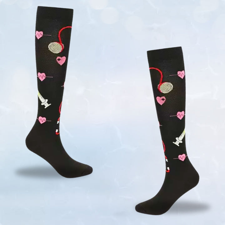 Close up shot of reinforced toe seam on patterned compression socks