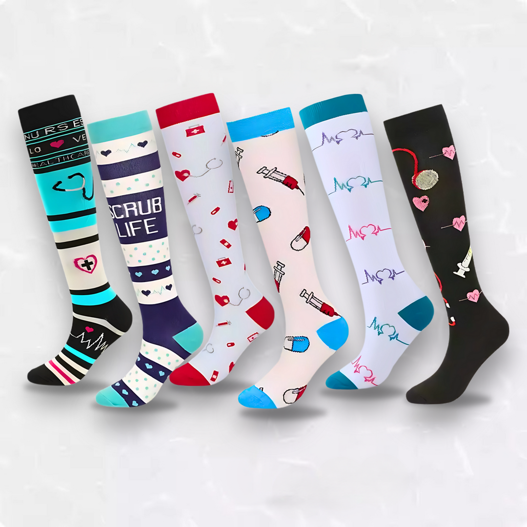Collection of medical patterned compression socks in various designs and colors