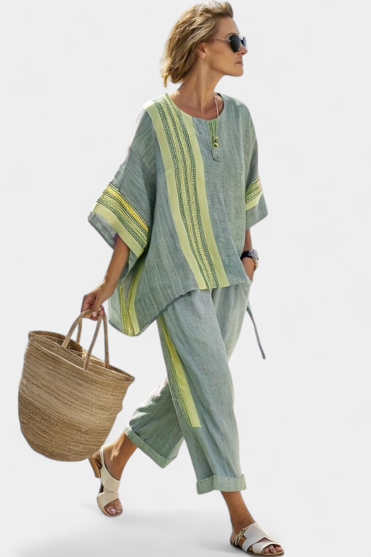 Casual two piece outfit featuring contrast trim sleeveless top and pants