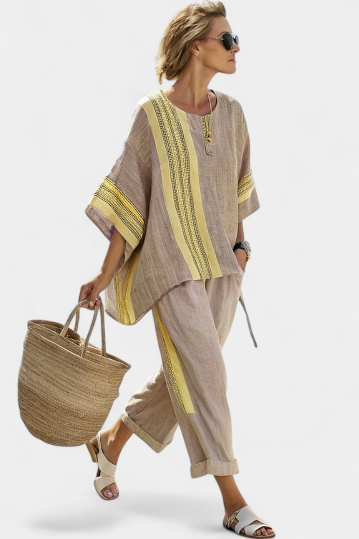 Womens stylish wide leg pants and matching contrast trim top set