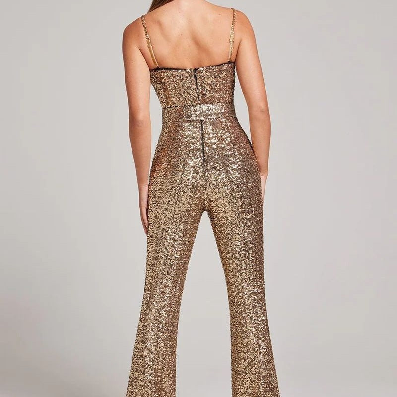 Chic gold formal jumpsuit with tailored fit for party wear