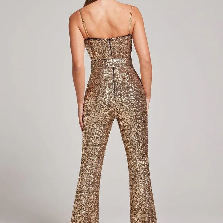 Chic gold formal jumpsuit with tailored fit for party wear